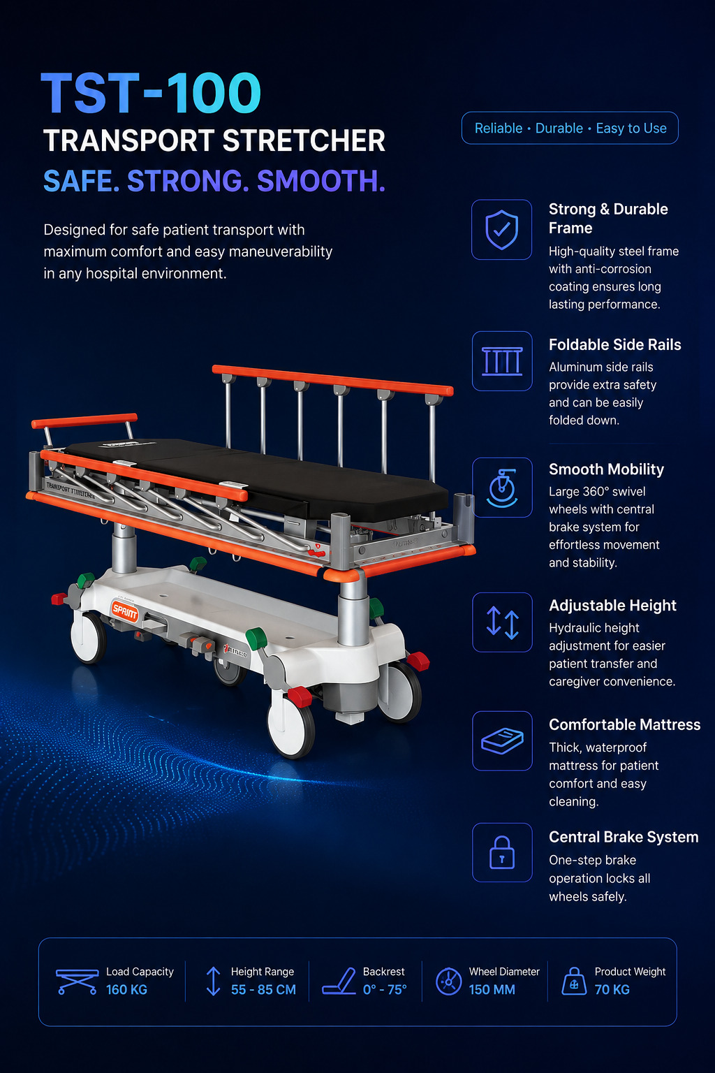 Transport stretcher and hospital furniture